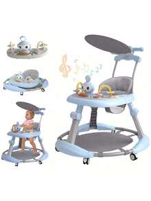 Andadera Para Bebé 3 En 1: Plegable, Portátil e Interactiva - Con Luz Musical, Mecedora, Mesa, Silla y Parasol, 6 Posiciones Ajustables para Bebés de Diferentes Alturas - Azul - Ver 1