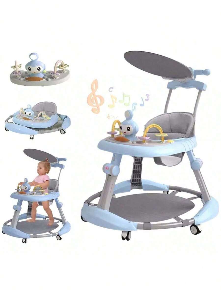 Andadera Para Bebé 3 En 1: Plegable, Portátil e Interactiva - Con Luz Musical, Mecedora, Mesa, Silla y Parasol, 6 Posiciones Ajustables para Bebés de Diferentes Alturas - Azul - Ver 1