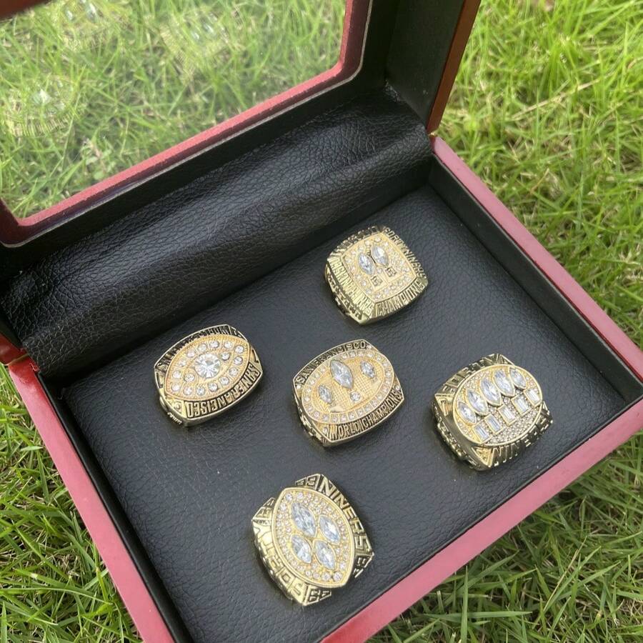 5PCS Football Championship Ring MEDALS Football Championship Ring Award Gift Prizes With A Boutique Wooden Box And Match Or Championship Winner Men's Ring Party Gift Bag - Gold - View 1
