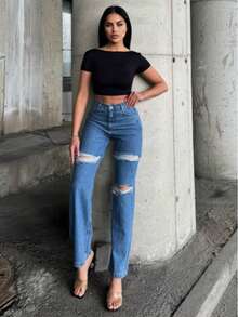 Women High Waist Knee Laser Ripped Wide Leg Jeans Pants, Solid Color Pockets With Zipper - Blue - View 3