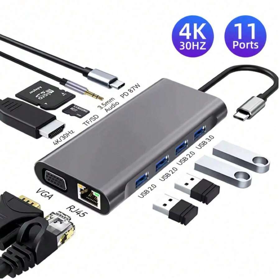 11 In 1 USB C Hub Type C To 4K HD-Compatible USB 3.0 Multifunctional Adapter - 黑色 - 查看 1