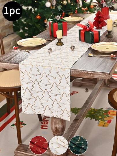 1pc White Gold Foil Christmas Tree Thin Rectangular Table Runner, Polyester Solid Color Decorative Table Runner, Suitable For Home Decor Like Dining Table, TV Stand, Coffee Table, Room Decor, Christmas Decor, Christmas Gifts