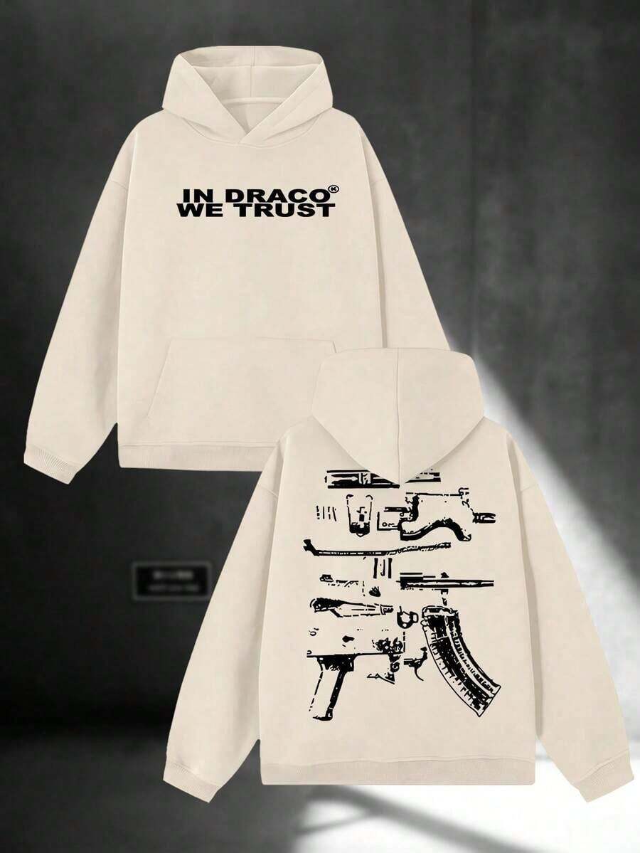 Men Printed Hooded Sweatshirt, Cotton Polyester Blend Loose Pullover Top, Breathable Outdoor Sport Autumn Winter Daily Fashion Printing Apparel - 杏色 - 查看 1