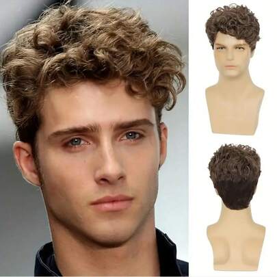 Men's Wig - Brown Short Curly Hair, Fluffy & Fashionable, Men's Short Curly Hair, High-Temperature Silk Fiber Wig Cap, Suitable For Daily Wear, Outdoor Activities, Theme Parties