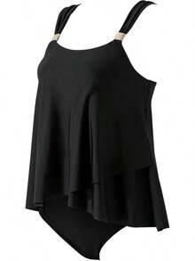 High Waisted Ruffle Tankini Swimsuit Plus Size Tummy Control - Black - View 6