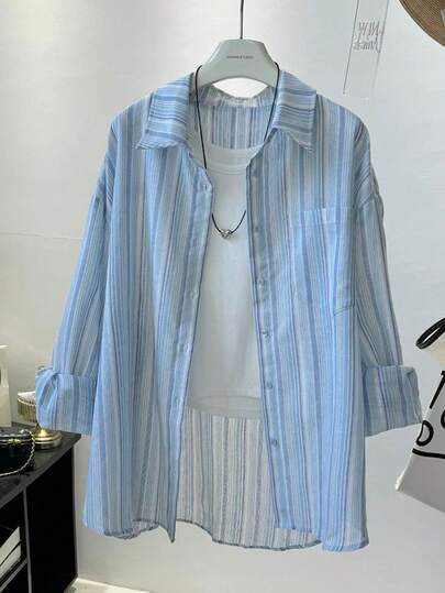 Plus Size Women Striped Drop Shoulder Long Sleeve Single-Breasted Casual Pocket Shirt