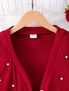 Tween Girl New Knitted Decorative Long Sleeve Cardigan Sweater + Rose Digital Print Waist Cinched Long Slip Dress 2 Pieces Set, Vintage Chic Countryside Sweet Style, Autumn/Winter - Red - View 8