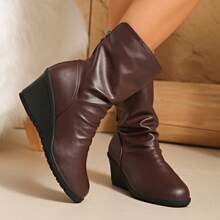 Women's New Mid-Calf Boots, Flat Wedge Heel, Fashion & Comfortable Autumn/Winter Boots - Coffee Brown - View 4