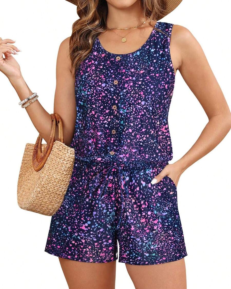 Women Romper Swimsuit - One Piece Bathing Suit With Shorts Modest Boyleg Swim With Pockets 2025 - Bầu trời đầy sao màu tím - Xem 1