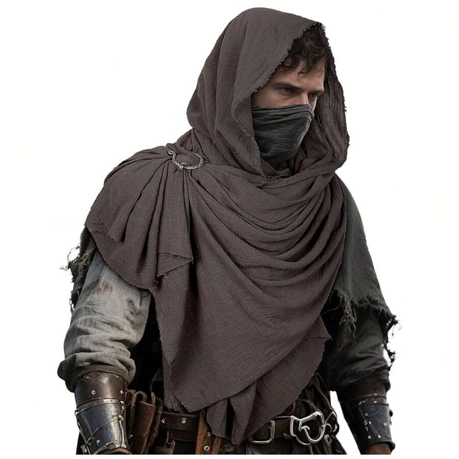L'VOW Men's Medieval Hooded Cloak Greek Gods Shoulder Cape Post Apocalyptic Wrap Scarf Rogue Cowl Viking Renaissance - 棕色 - 查看 1
