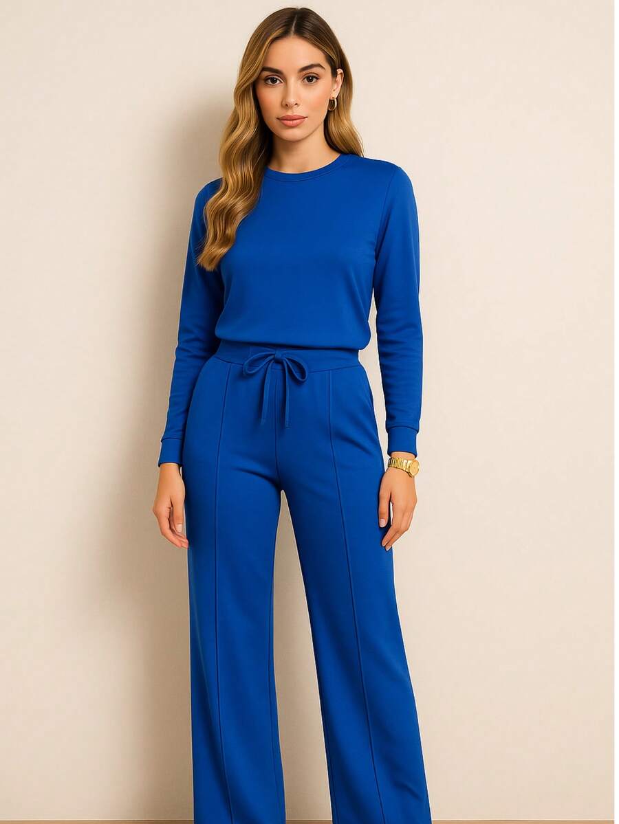 Traje 2 piezas casual de otoño que incluye blusa corta holgada y pantalones pierna ancha tipo pata elefante amplios y cordón en la cintura tela sin transparencias - Azul - Ver 1