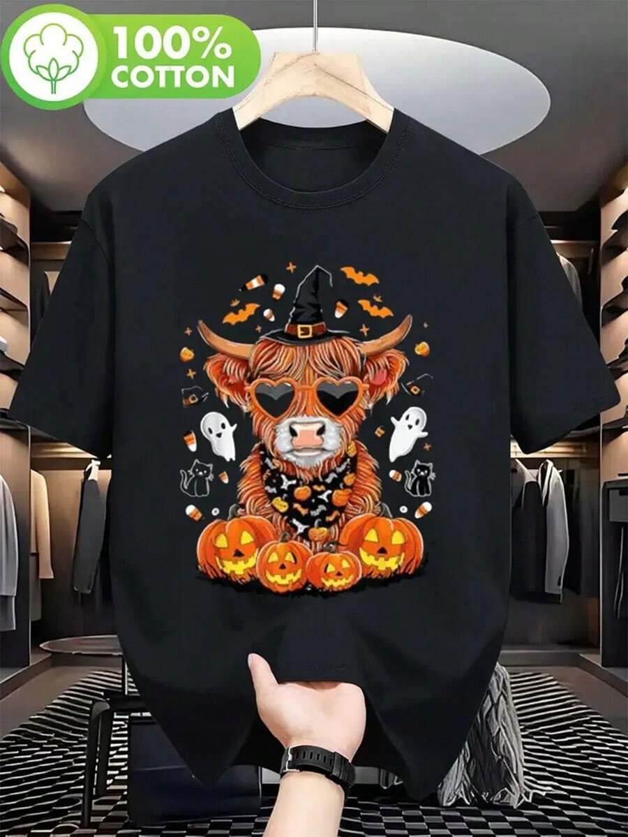 Black T-Shirt Featuring A Halloween Theme With A Highland Cow, Ghost, Witch, And Pumpkin, Made Of 100% Cotton, Perfect Gift For Parents And Friends, Available In Sizes S-3XL.,Nightmare Before Christmas,Christmas,Halloween Costumes,Funny T Shirts,Summer Outfits,Thanksgiving Day,Men Graphic Tees,Streetwear Men - màu đen - Xem 1