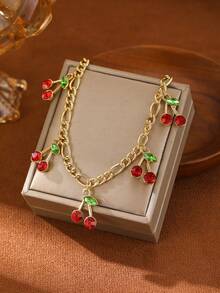 1pc Women's Fashion Jewelry, Vintage Style 18K Gold-Plated Cherry Pendant Necklace, Suitable For Vacation & Fashion, Cute Daily Accessory, Luxurious & Playful, Velvet Bag Included