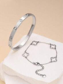 1 Set Of 2 Minimalist Fashion Bracelet & Bangle Set, Suitable For Daily Wear