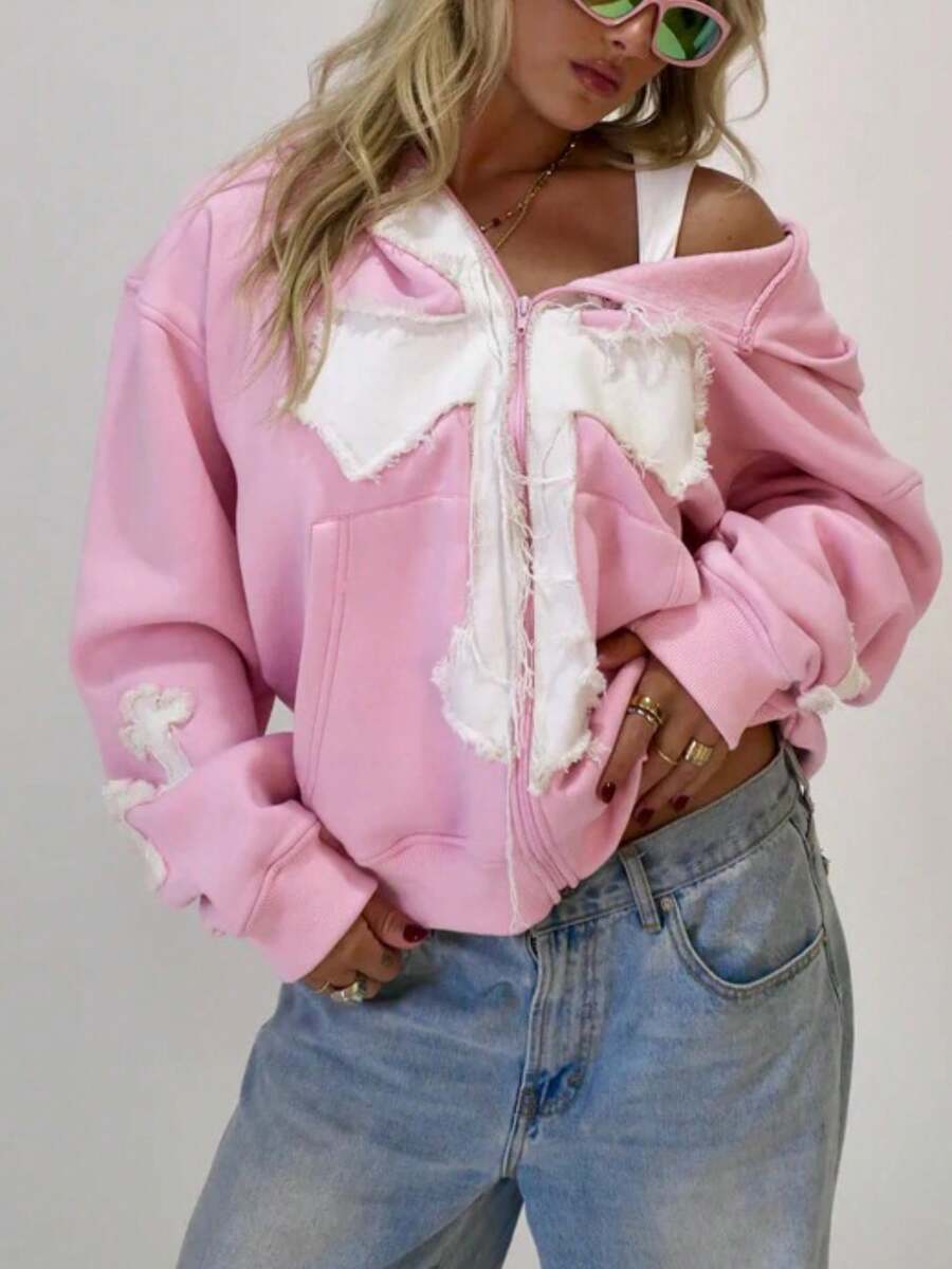 Women Y2K Vintage Cross Zip Hoodie Star Embroidery Patchwork Long Sleeve Oversized Sweatshirt Casual Lightweight Drop Shoulder Hooded Jacket Fashion Preppy Pullover Tops Fall Clothes For Streetwear - 粉色 - 查看 1