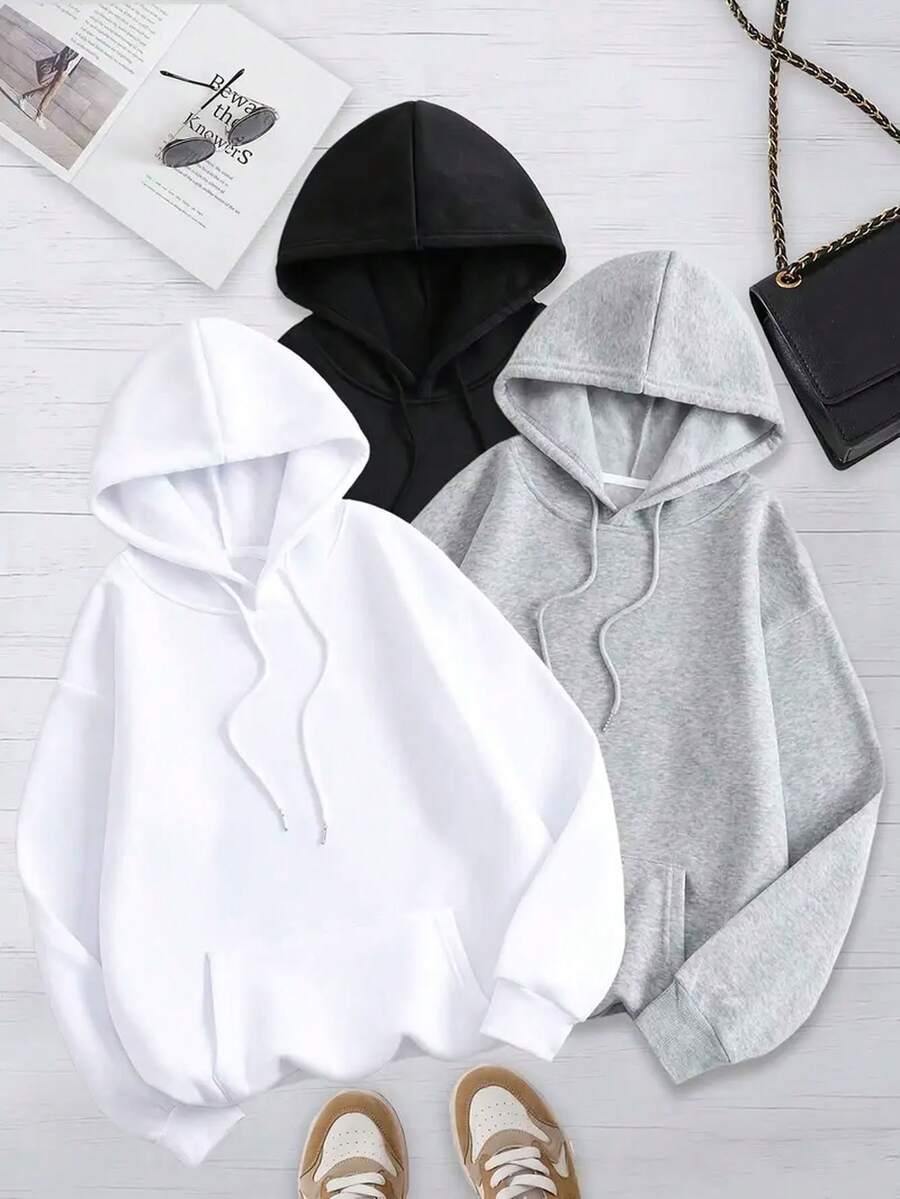 Conjunto paquete set pack 3 piezas sudadera básica capucha hoodie lisa dama mujer casual manga larga bolsa canguro puños acanalados diario calientita suave cómoda moderna juvenil - Multicolor2 - Ver 1