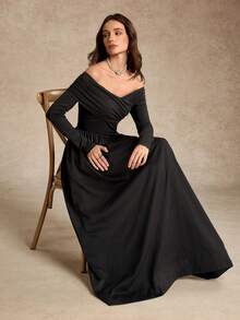 Women's Elegant Solid Color Off-Shoulder Long Sleeve Dress, Early Autumn - Black - View 6