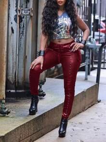 Women's Faux Leather Leggings Gothic Punk Skinny PU Leather Pants Mid Rise Novelty Studded Tight Pants - 紅色 - 查看 3