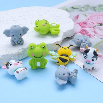 4颗3D可爱卡通动物硅胶珠，DIY手工材料，可用于制作手链、项链、钥匙扣、笔饰、珠宝等