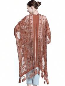 Women's Burnout Velvet Kimono Long Cardigan Cover With Tassel - ((Lá mùa thu) - Xem 4