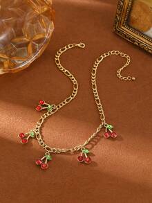 1pc Women's Fashion Jewelry, Vintage Style 18K Gold-Plated Cherry Pendant Necklace, Suitable For Vacation & Fashion, Cute Daily Accessory, Luxurious & Playful, Velvet Bag Included