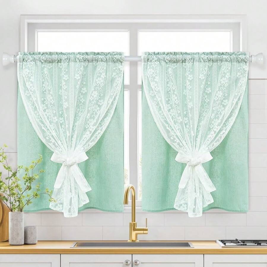 Linen Kitchen Tier Curtains 36 Inch Length, Double Layer Kitchen Curtain 2 Panel Sets Rod Pocket Short Window Curtains With Tiebacks, Rustic Window Treatments For Bathroom Cafe, Light Green - LightGreen26Wx36LPackof2 - View 1