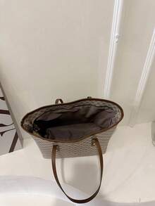 大容量多功能印花手提包，铆钉装饰，复古花卉印花手提包，大容量单肩包，时尚日常手提包，女士手提包 - 卡其色 - 查看 5