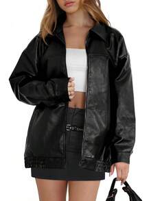 Womens Leather Jackets Faux Suede Oversized Fall Motorcycle Coats Fashion Winter Outfits Y2K Tops BPVW - 棕色 - 查看 5