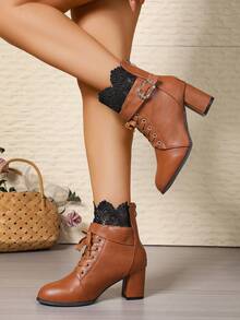 2025 Herbst/Winter Mode Koreanischer Stil Stiefeletten in Große Größen, Stiefel für Damen, Dicker Absatz, Schnalle, Spitzenbesatz