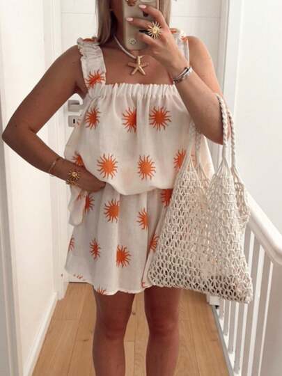 Women's Casual Two-Piece Sleeveless Sun/Heart-Shaped Printed Vest+Shorts Set Casual Wear, Suitable For Dating And Vacationing With Boyfriends, Essential For Holiday Activities, Unique Style, Generous And Beautiful.