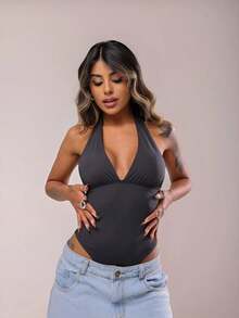 Women's Bodysuit, Plunging Neckline, Polyamide, Halter Neck, Multi-Shape – Elegant Blogger Fashion - màu đen - Xem 3