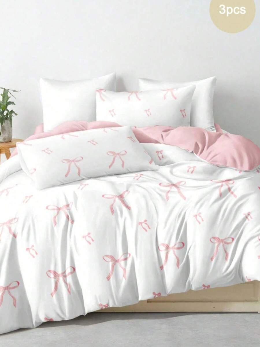 Bộ 2/3 vỏ chăn in họa tiết nơ sọc hồng trắng đáng yêu (1 vỏ chăn + 1/2 vỏ gối, không có ruột), sợi polyester mềm mại và thân thiện với da, thích hợp sử dụng hàng ngày, thích hợp cho phòng ngủ, ký túc xá trong mọi mùa, thoải mái, thoáng khí, dùng để trang trí phòng ngủ - Nhiều màu - Xem 1