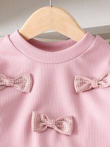 2pcs Young Girls Sweet Minimalist 3D Bow Long Sleeve Top And Pocket Denim Pants Set, Spring/Autumn - Pink - View 3