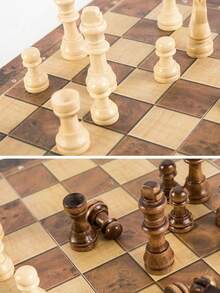 1 Stücke handgefertigter Holz Falt Schach Internationales Set, Mini 24 x 24 cm handgefertigtes Spielbrett zum Verstauen, 3-in-1 Schachbrett Spiel (Schach, Dame, Backgammon), geeignet für erwachsene Anfänger. Die multifunktionalen schwarz-weißen Holzschachfiguren des internationalen Schachspiels können zusammengeklappt werden.