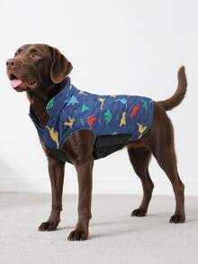 1件狗狗冬季恐龙印花羽绒服，舒适防水防风保暖宠物服装，双面可穿 - 藍色 - 查看 2