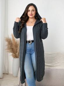 Plus Size Hooded Midi Cardigan With Cable Knit And Rib Knit Long Sleeves Open Front Non-Stretch Knitwear
