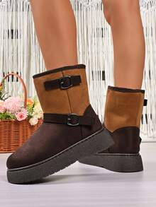 1 Pair Plus Size 36-42 Punk Style Contrast Color Gothic Thick Sole Snow Boots With Multiple Buckle Decor, For Indoor & Outdoor Wear, Winter