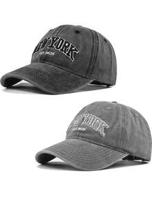 2 件男女通用 3D 刺绣“NEW YORK”字母水洗棒球帽，正面“EST 1625”平面刺绣，背面“NEW YORK CITY”平面刺绣，可调节户外防晒休闲棒球帽（收到后正常通风 5 小时无异味） - 黑色+灰色 - 查看 11