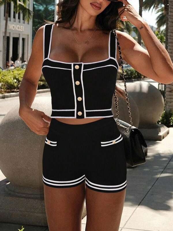 Knit Mix Women's Chic Knitted Two Pieces Set With Vest And Shorts, And Block, Elegant And Stylish For Summer Beach Resorts Modest Vintage Old Money Style Back To School Fall Women Clothes Autumn Winter Streetwear,Suitable For Christmas, Thanksgiving, And New Year