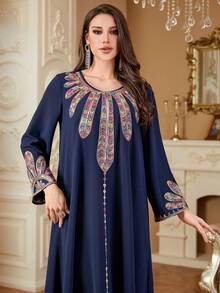 Women's Muslim Robe Abaya, V-Neck Embroidered Eid Dress, Dubai Clothing, Arabic Islamic Robe - Navy Blue - View 2