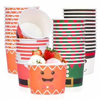 10pcs/20pcs/50pcs Christmas Snack Treat Ice Cream Cups Santa Belt Christmas Decorations Paper Ice Cream Bowls Xmas Party Supplies Picnic Dessert Bowls For Cold Or Hot Soup Party Supplies