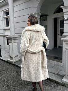 Women's Beige Large Lapel Long Fur Coat (With Belt), Winter Clothing, Old Money Outfit,A Fashionable Front-Opening Plush Large Lapel Faux Fur Coat For Winter Women's Wear,Christmas,Festival Clothing