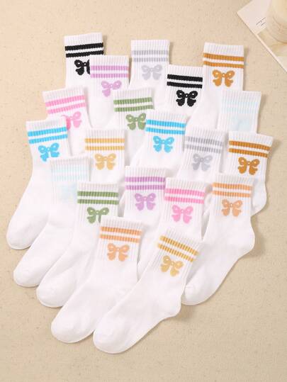 10双儿童彩色双杠蝴蝶结提花弹力中长袜，适合日常生活和裙子搭配，舒适柔软，透气吸汗，百搭休闲儿童袜子白色女童袜子