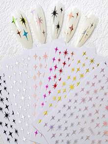6片3D金色星星美甲贴纸，6片Y2K金色星星爆炸3D美甲装饰贴纸，6色金属法式自粘星星美甲贴纸，适合女性和女孩DIY美甲用品 - 彩色 - 查看 5