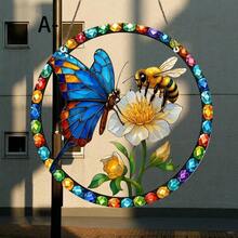 1PC Butterfly Sunglasses Landscape, Stained Glass Style Decorative Pendant, Vibrant And Colorful Design With Blue Butterfly And Bee, Perfect For Home & Garden Decoration, Ideal Gift For Friends & Family, Season Decoration | Unique Design, Butterfly Decoration - Acrylic-round - View 2