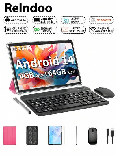 Relndoo Android 14 Tablet 2-In-1 With Keyboard And Mouse, 10 Inch Android Pad, (4GB+4GB) RAM+64GB ROM, 1280*800px HD Touchscreen, 2MP+8MP Dual Camera, RK3562 4-Core 2.0 GHz, Tablet PC With Case, Mouse, Stylus, Keyboard, 6000mAh Battery, 802.11n Wifi 2.4G/5GWireless, Supports 1TB SD Expansion, GPS, Certified Tablets (No Adapter)-Pink