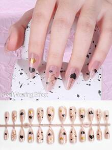 24 pezzi Unghie finte a mandorla stile minimalista oro e nero a forma di cuore, adatte per signore d'ufficio, uso quotidiano, appuntamenti, tè pomeridiano, attività all'aperto, con 1 lima per unghie, 1 colla gel, 1 bastoncino di legno