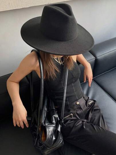 1pc Women's Autumn Solid Color Bohemian Party Casual Elegant Street Flat Top Jazz Hat, Autumn/Winter Felt Hat, Retro Fedora Hat, Suitable For Daily Outing And Shopping