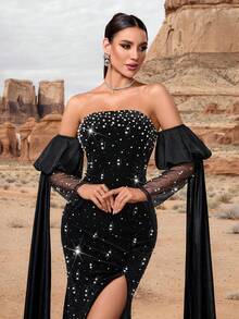 Women's Strapless Heavily Beaded & Embellished Velvet Mermaid Maxi Dress, Elegant Long Formal Gown For Multiple Occasions - Black - View 3