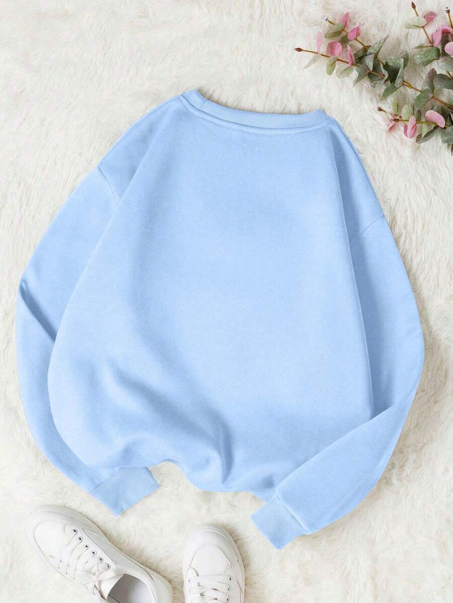Girls Long Sleeve Round Neck Cartoon Print Pullover, Suitable For Autumn/Winter Wear - Baby Blue - View 1